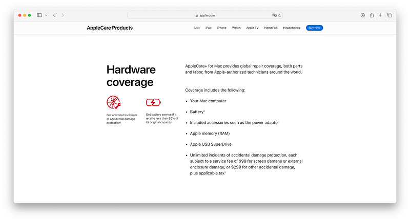 Another screenshot of the Apple Care+ website by the author.