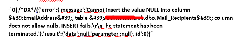 Error message revealing SQL query