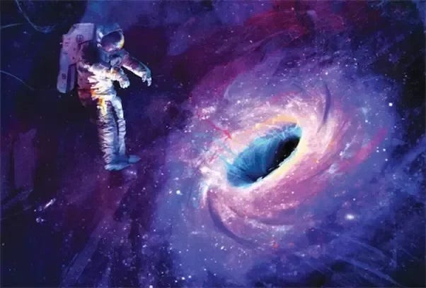 An artistic representation of an astronaut approaching a black hole.