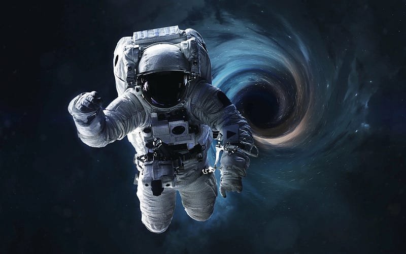 Artistic interpretation of an astronaut escaping a black hole.