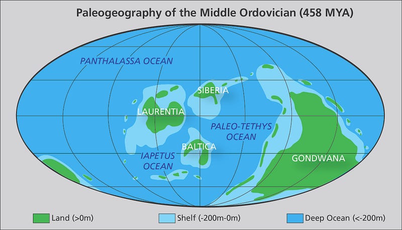 Map of the mid-Ordovician continents