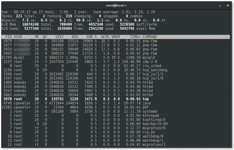 Visual representation of the Linux 'top' command interface