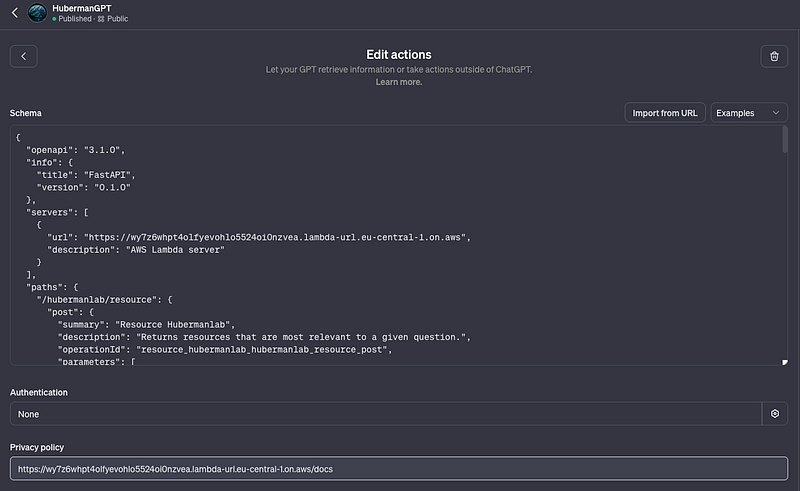 Screenshot of a configured GPT Action.