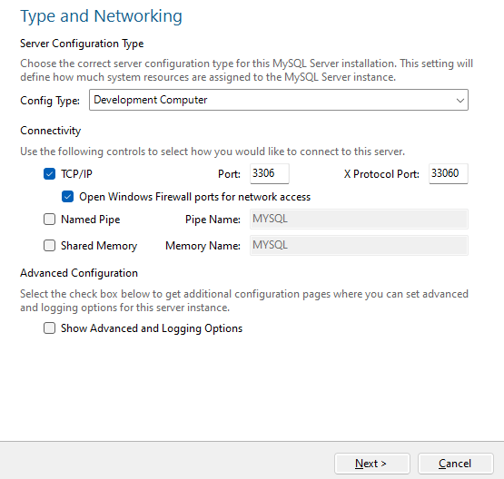 Type and Networking Settings