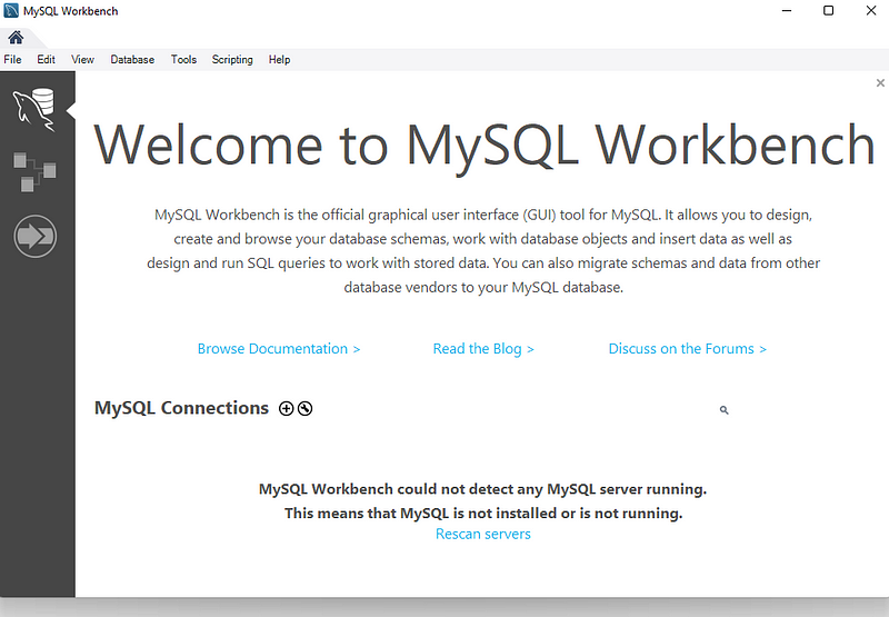 MySQL Workbench Initial Screen