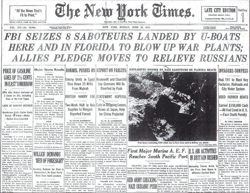 New York Times headline on Nazi saboteurs