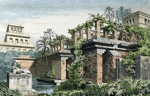 Artistic representation of the Gardens with hanging plants