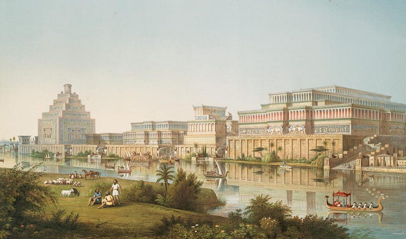 Illustration of Assyrian palaces beside the Tigris