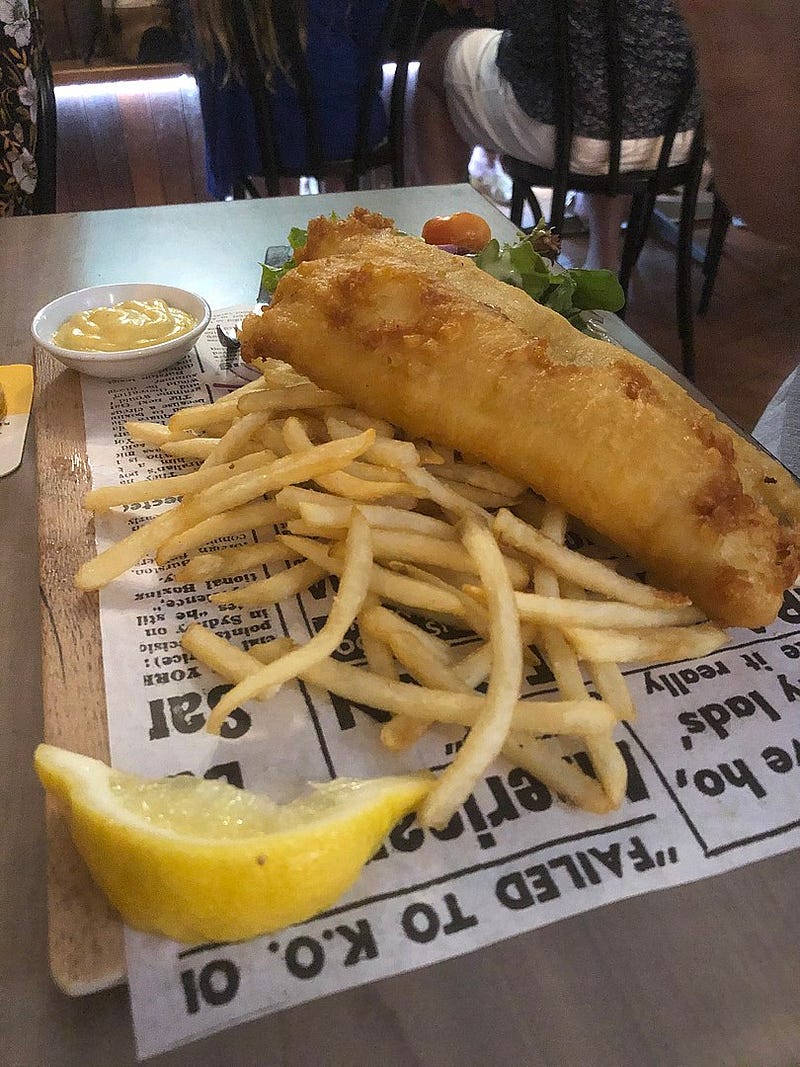 Barramundi and chips, a delicious meal enjoyed by the author