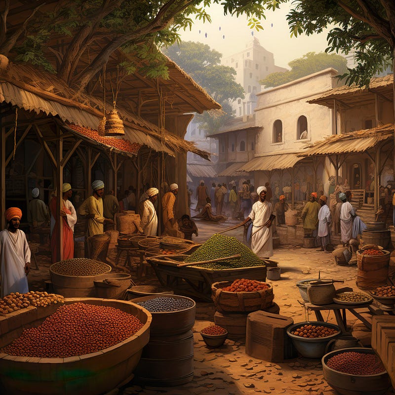 16th-century spice market bustling with activity