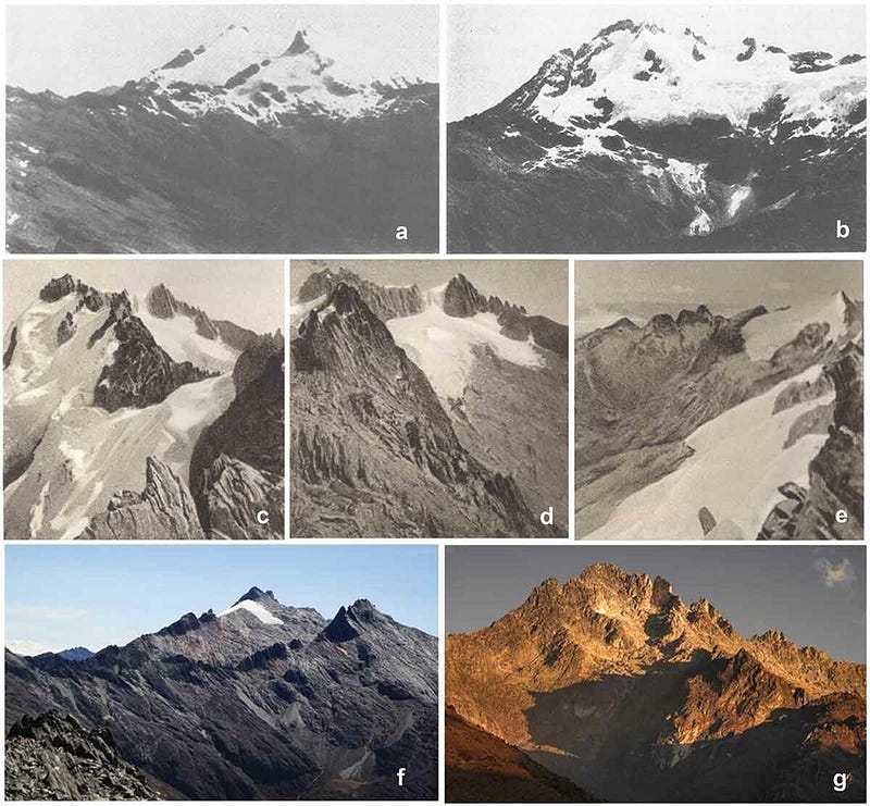 Historical images of La Corona glacier from 1910 to 2020