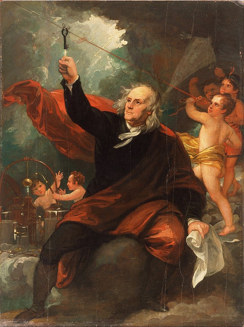 A painting depicting Ben Franklin's kite experiment.